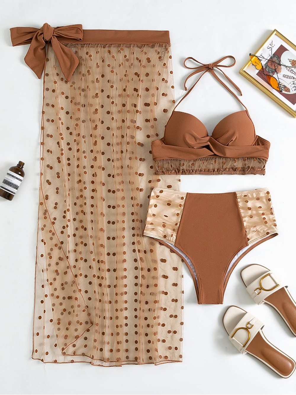 3 piece Polka Dot Sheer Midi Skirt in Rust
